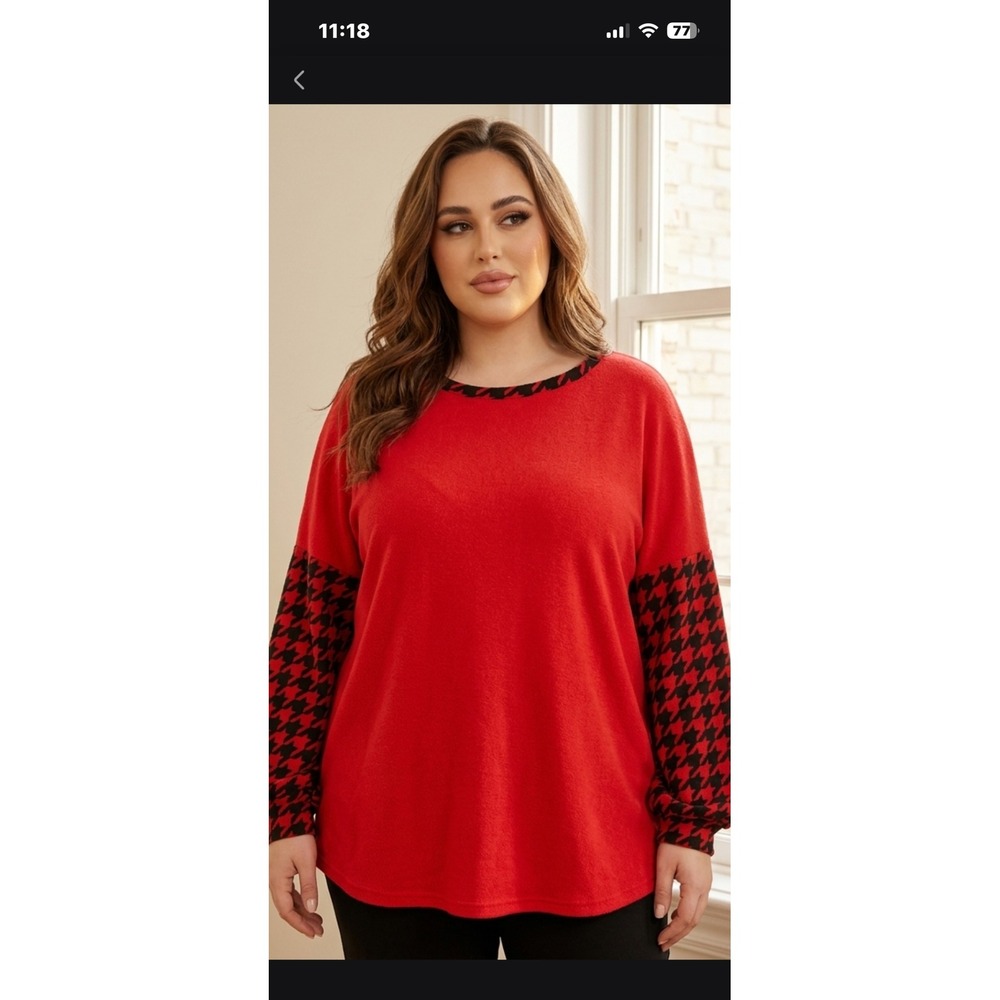Southern Stitch Red Houndstooth Sleeve Tunic Top Plus Size 3XL Womens Crew Neck